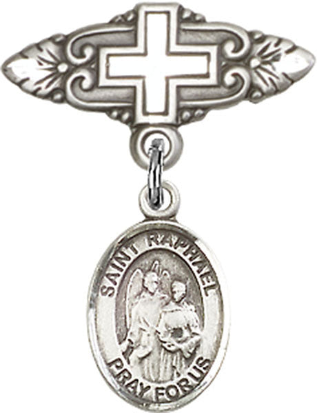 St. Raphael the Archangel Charm and Badge Pin with Cross