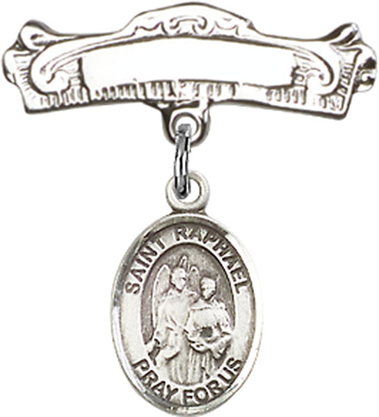 St. Raphael the Archangel Charm and Arched Polished Engravable Badge Pin