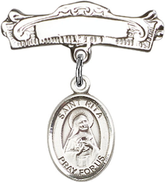 St. Rita of Cascia Charm and Arched Polished Engravable Badge Pin