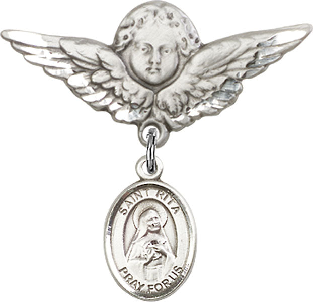 St. Rita of Cascia Charm and Angel with Larger Wings Badge Pin