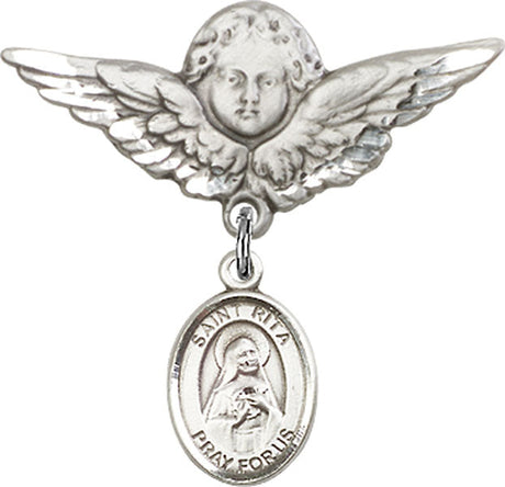St. Rita of Cascia Charm and Angel with Larger Wings Badge Pin