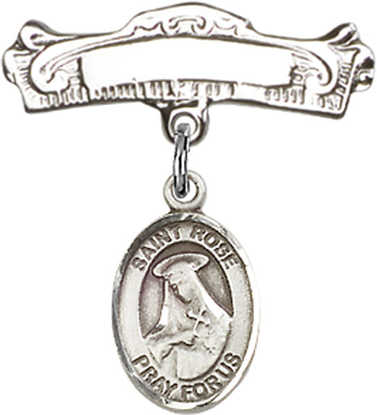 St. Rose of Lima Charm and Arched Polished Engravable Badge Pin