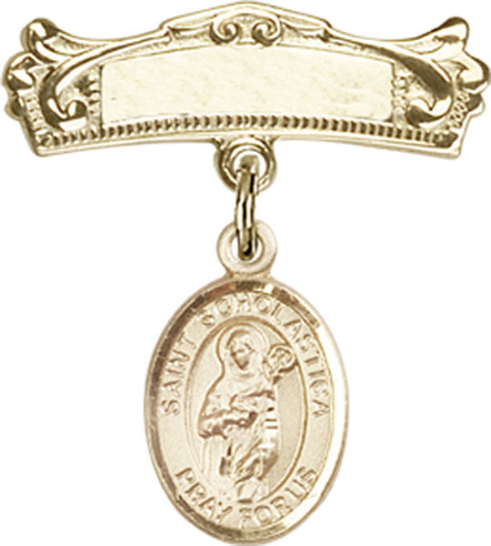 St. Scholastica Charm and Arched Polished Engravable Badge Pin