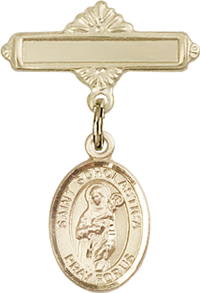 St. Scholastica Charm and Polished Engravable Badge Pin