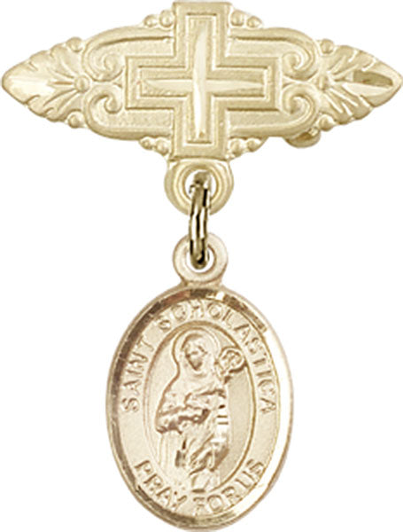 St. Scholastica Charm and Badge Pin with Cross