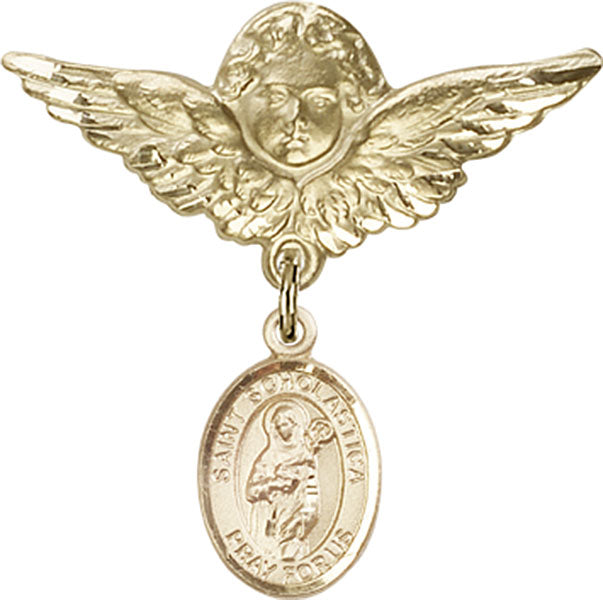 St. Scholastica Charm and Angel with Larger Wings Badge Pin