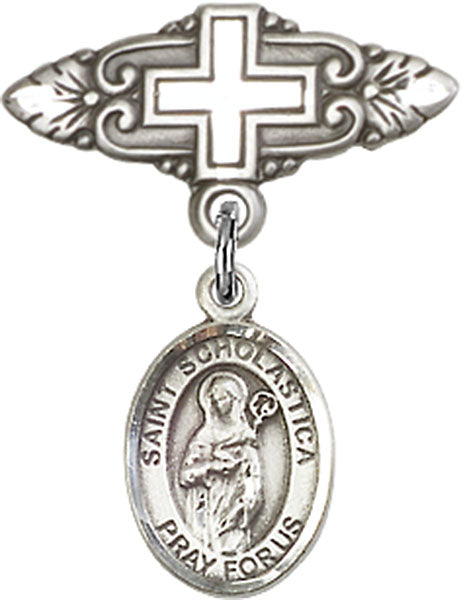 St. Scholastica Charm and Badge Pin with Cross