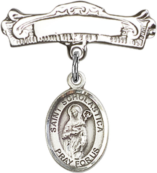 St. Scholastica Charm and Arched Polished Engravable Badge Pin