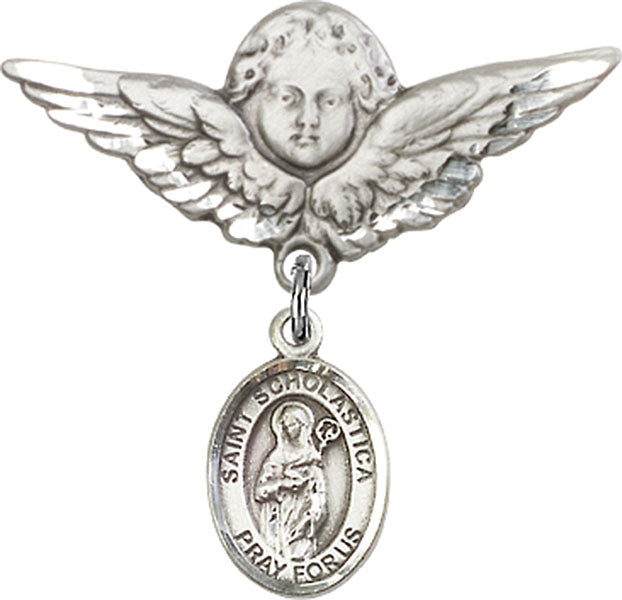 St. Scholastica Charm and Angel with Larger Wings Badge Pin