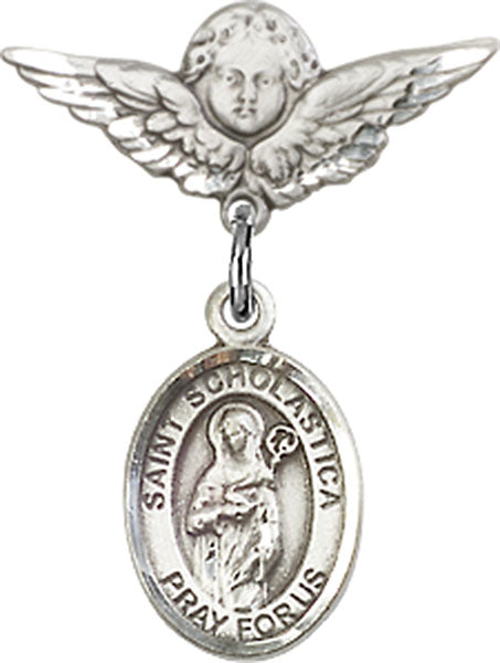 St. Scholastica Charm and Angel with Smaller Wings Badge Pin