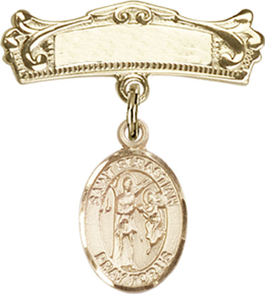 St. Sebastian Charm and Arched Polished Engravable Badge Pin