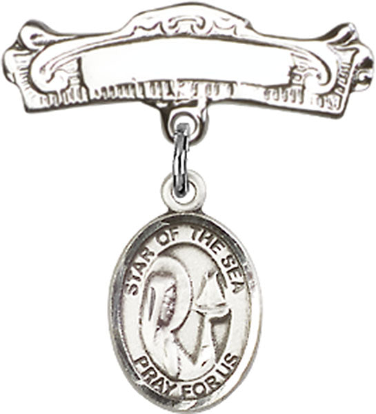 Our Lady Star of the Sea Charm and Arched Polished Engravable Badge Pin