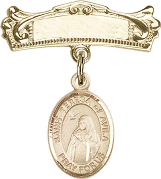 St. Teresa of Avila Charm and Arched Polished Engravable Badge Pin