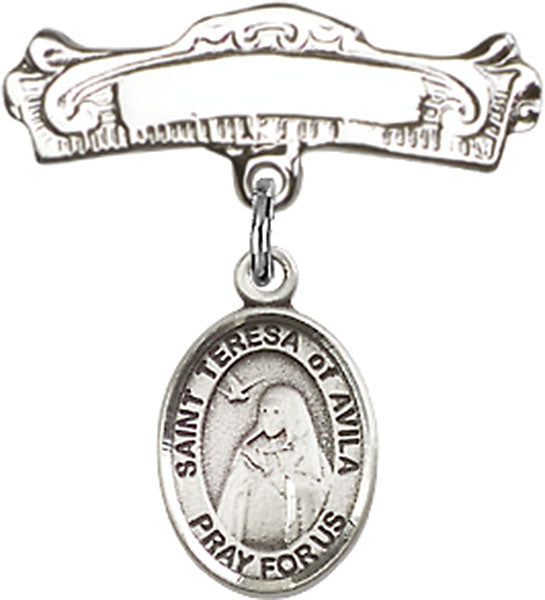 St. Teresa of Avila Charm and Arched Polished Engravable Badge Pin