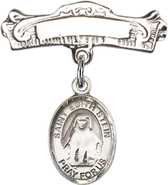 St. Edith Stein Charm and Arched Polished Engravable Badge Pin