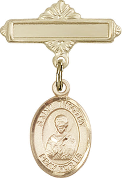 St. Timothy Charm and Polished Engravable Badge Pin