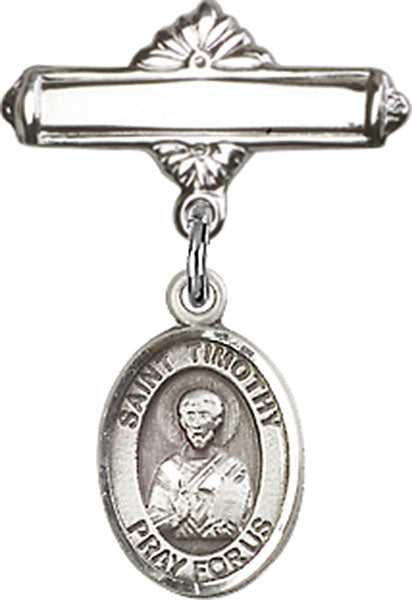 St. Timothy Charm and Polished Engravable Badge Pin