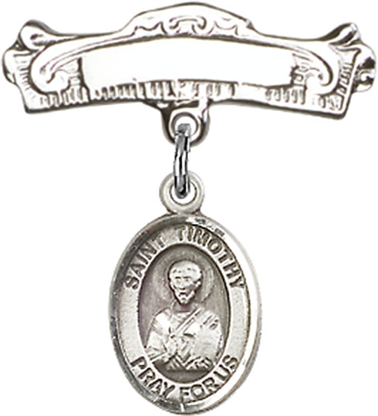 St. Timothy Charm and Arched Polished Engravable Badge Pin