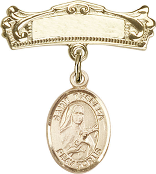 St. Theresa Charm and Arched Polished Engravable Badge Pin