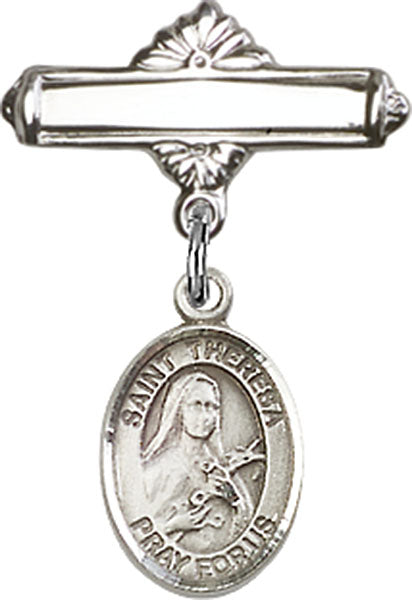 St. Theresa Charm and Polished Engravable Badge Pin
