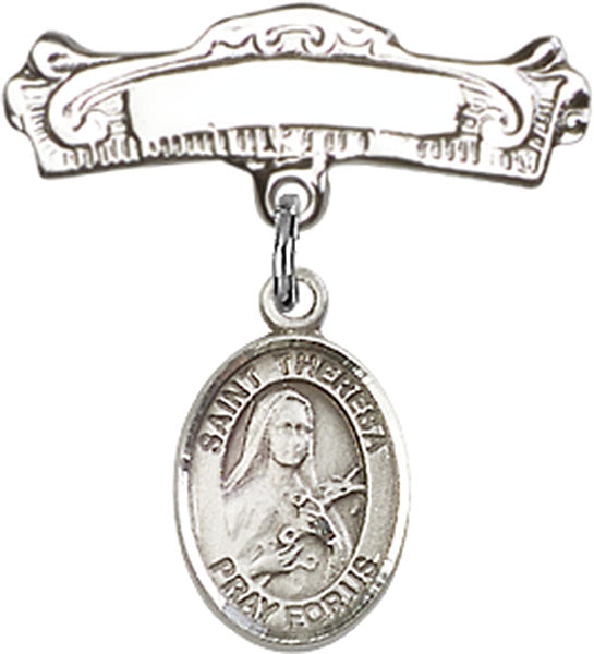 St. Theresa Charm and Arched Polished Engravable Badge Pin