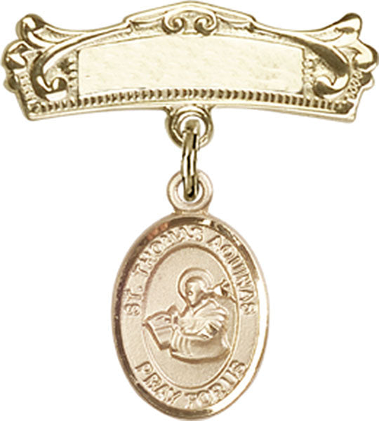 St. Thomas Aquinas Charm and Arched Polished Engravable Badge Pin