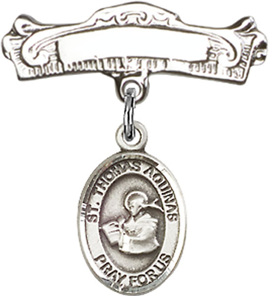 St. Thomas Aquinas Charm and Arched Polished Engravable Badge Pin