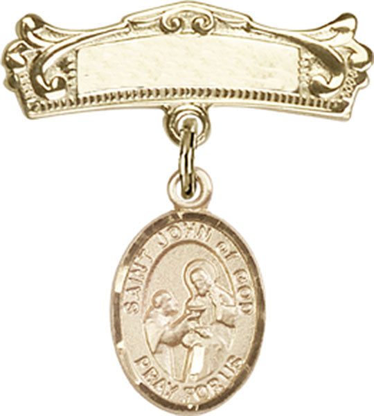 St. John of God Charm and Arched Polished Engravable Badge Pin
