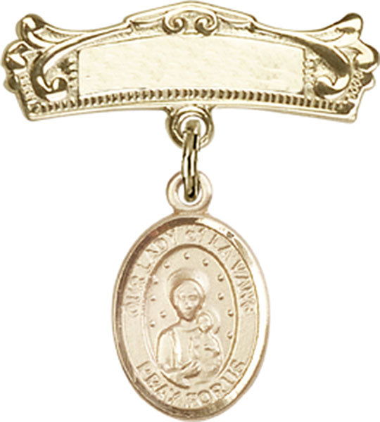 Our Lady of la Vang Charm and Arched Polished Engravable Badge Pin
