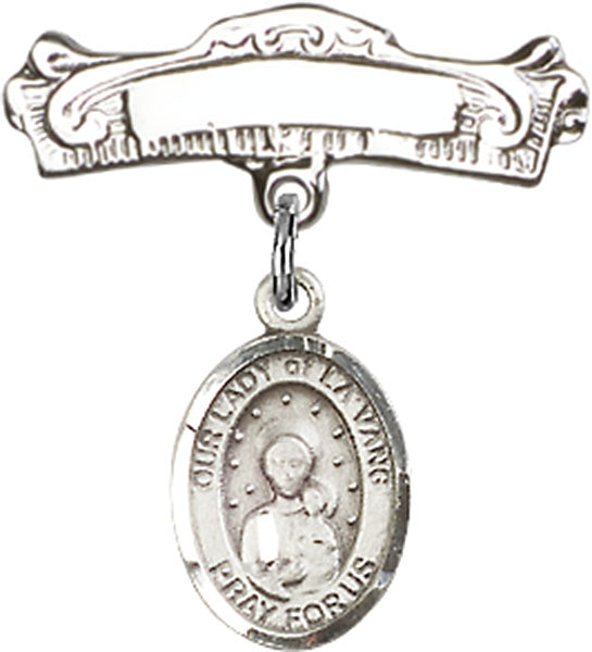 Our Lady of la Vang Charm and Arched Polished Engravable Badge Pin