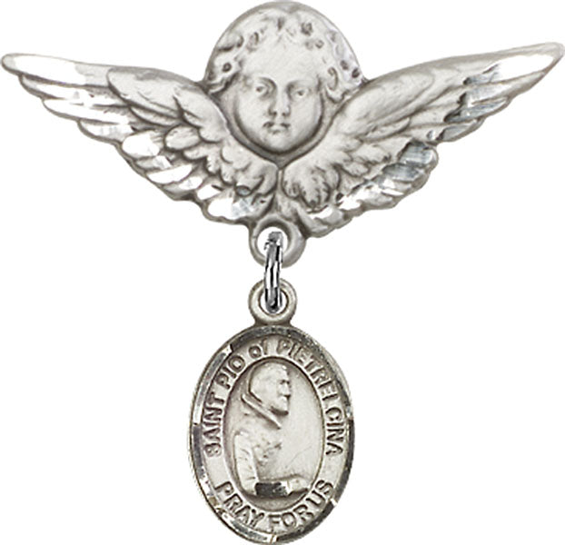 St. Pio of Pietrelcina Charm and Angel with Larger Wings Badge Pin