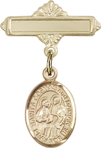 Sts. Cosmas & Damian Charm and Polished Engravable Badge Pin