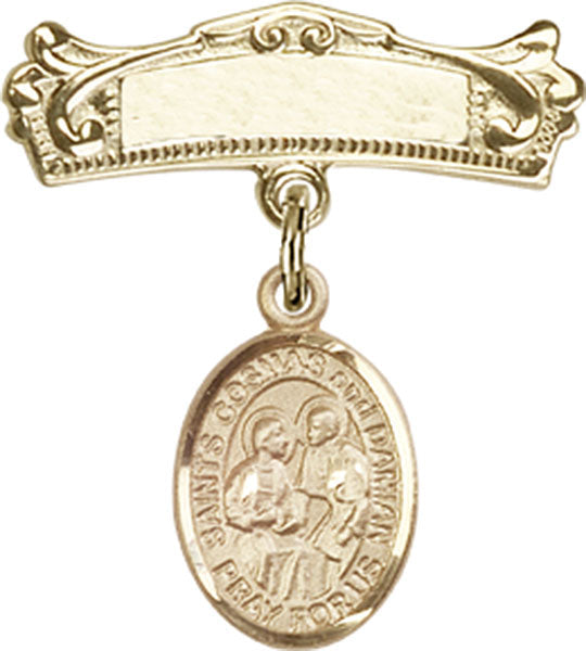Sts. Cosmas & Damian Charm and Arched Polished Engravable Badge Pin