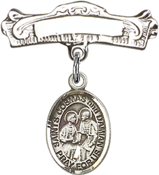 Sts. Cosmas & Damian Charm and Arched Polished Engravable Badge Pin