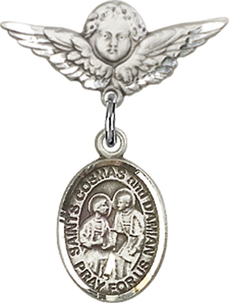 Sts. Cosmas & Damian Charm and Angel with Smaller Wings Badge Pin