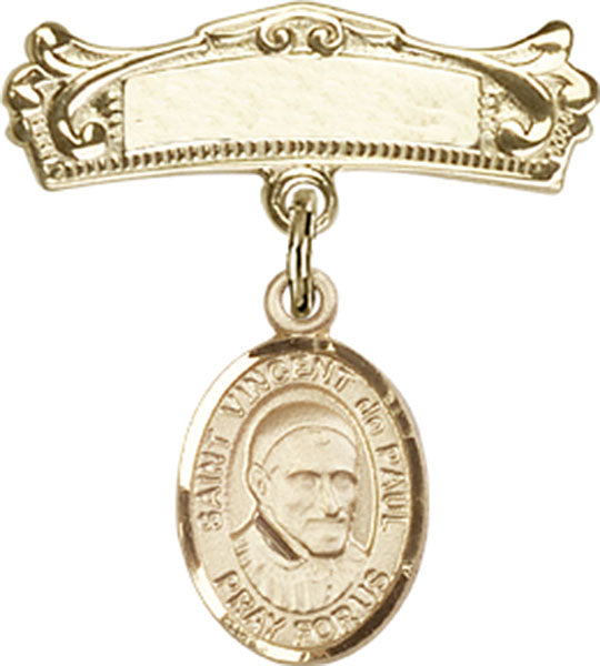 St. Vincent de Paul Charm and Arched Polished Engravable Badge Pin