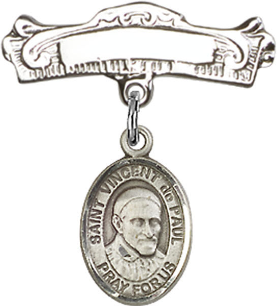 St. Vincent de Paul Charm and Arched Polished Engravable Badge Pin