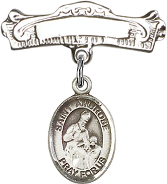St. Ambrose Charm and Arched Polished Engravable Badge Pin