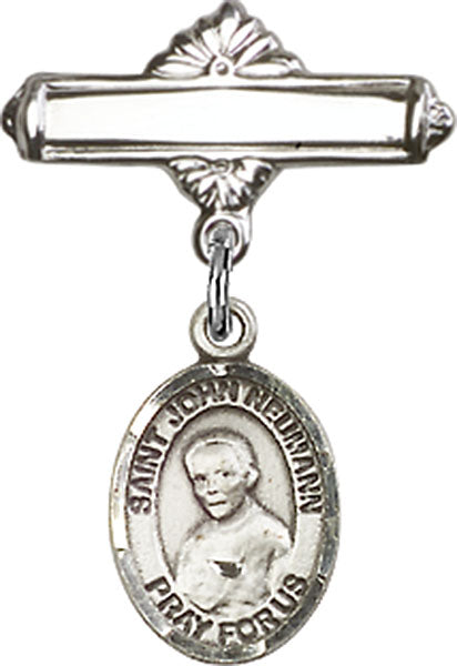 St. John Neumann Charm and Polished Engravable Badge Pin