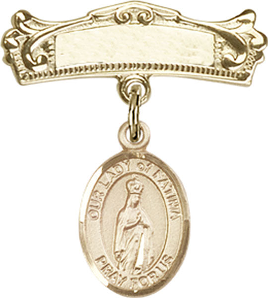 Our Lady of Fatima Charm and Arched Polished Engravable Badge Pin