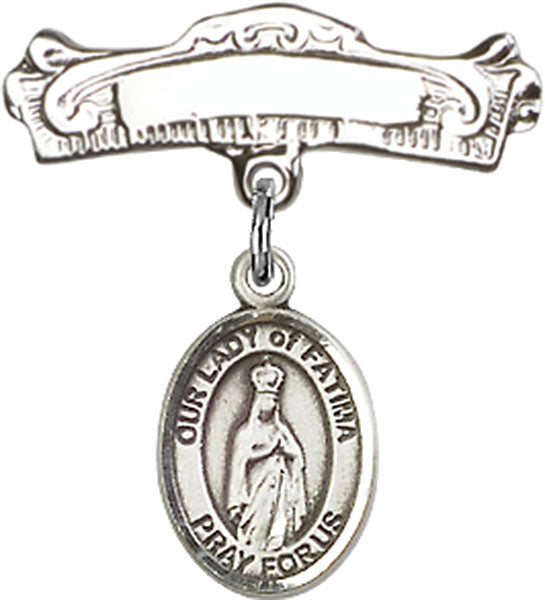 Our Lady of Fatima Charm and Arched Polished Engravable Badge Pin