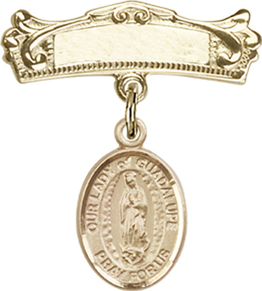 Our Lady of Guadalupe Charm and Arched Polished Engravable Badge Pin