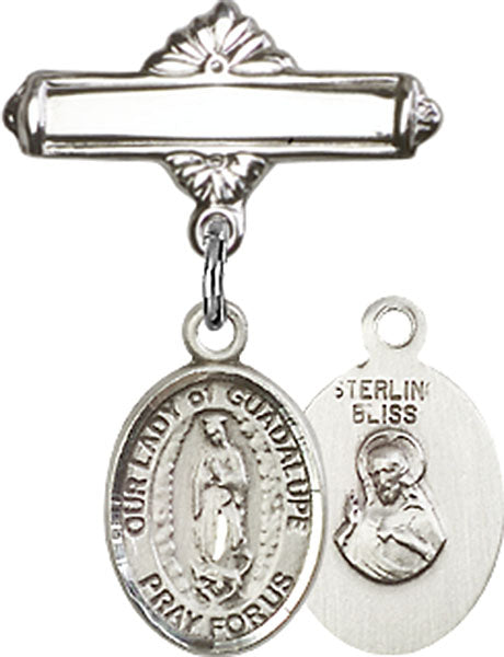 Our Lady of Guadalupe Charm and Polished Engravable Badge Pin