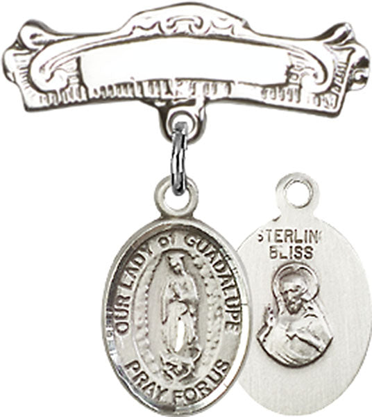 Our Lady of Guadalupe Charm and Arched Polished Engravable Badge Pin