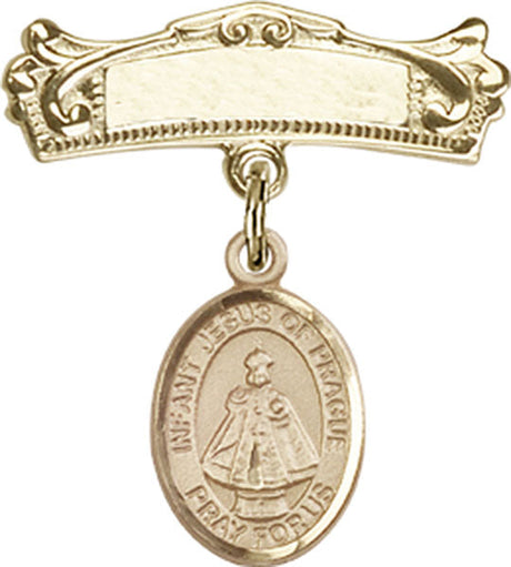 Infant of Prague Charm and Arched Polished Engravable Badge Pin