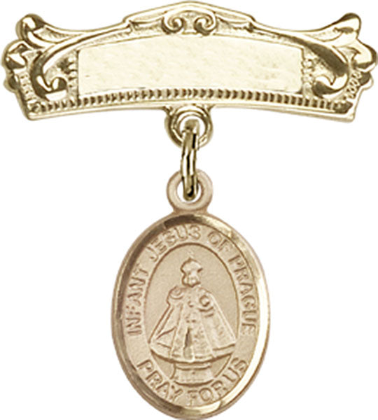 Infant of Prague Charm and Arched Polished Engravable Badge Pin