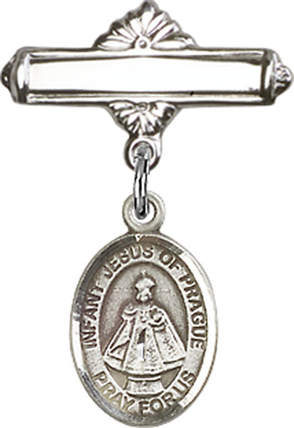 Infant of Prague Charm and Polished Engravable Badge Pin