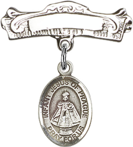 Infant of Prague Charm and Arched Polished Engravable Badge Pin