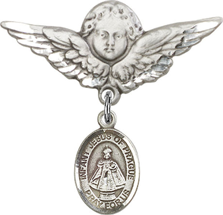 Infant of Prague Charm and Angel with Larger Wings Badge Pin