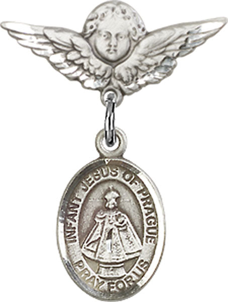 Infant of Prague Charm and Angel with Smaller Wings Badge Pin